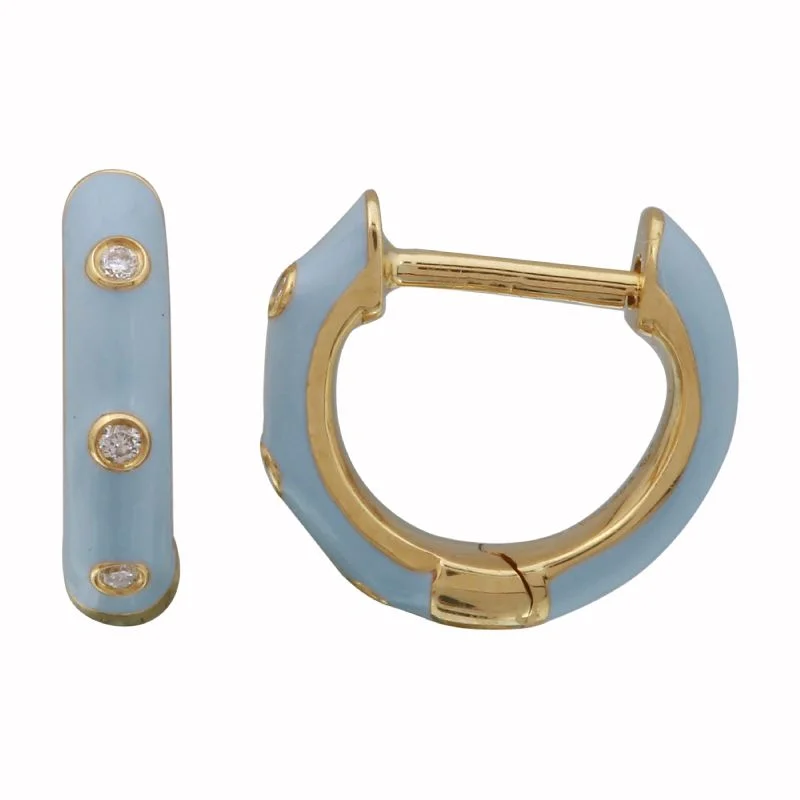 women's earrings with double hoop -14k Yellow Gold Cerulean Enamel & Diamond Huggie Earrings