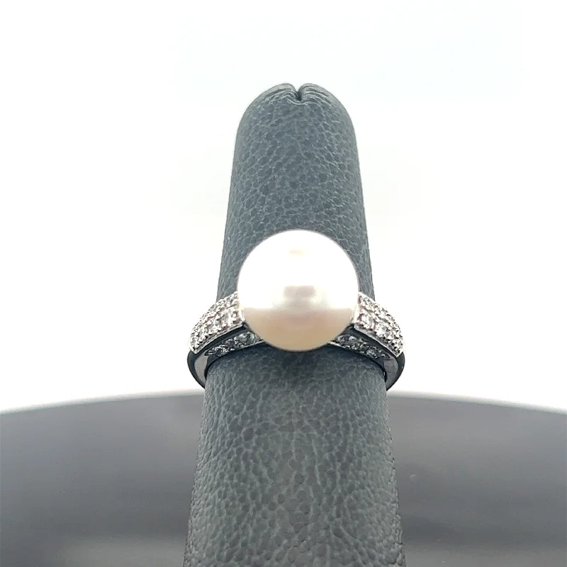 women's engagement rings with channel setting -18k White Gold Cultured Pearl and Diamond Statement Ring