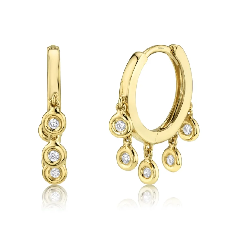 women's earrings with feather design -14K Yellow Gold Diamond Bezel Dangle Small Hoop Earring