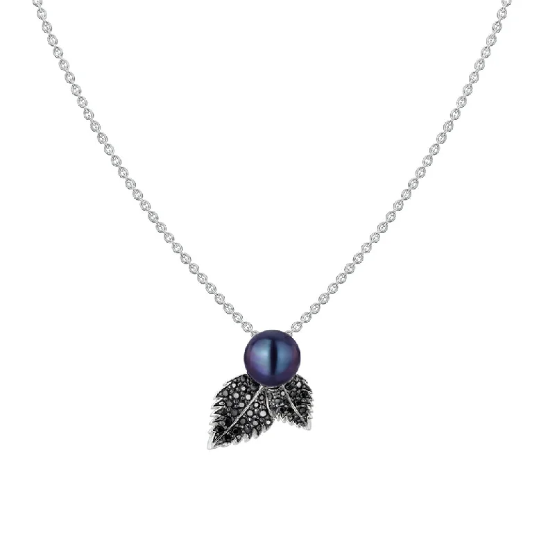 women's necklaces with ruby -Blackthorn Pearl Leaf Pendant - Silver, Black Spinel & Black Pearl