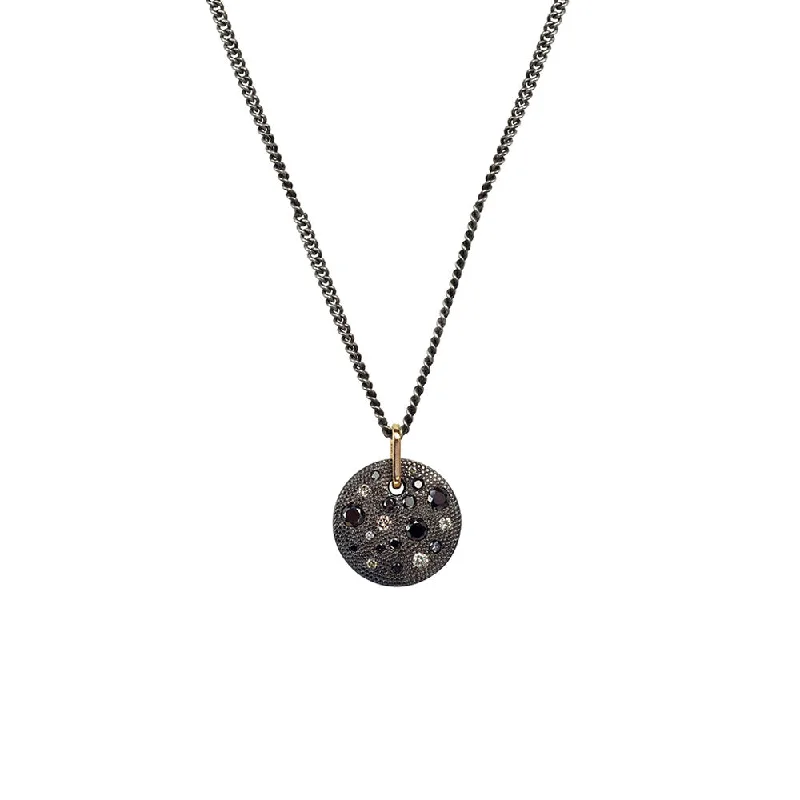 women's necklaces with twist design -Sterling silver Black Rhodium CHARLIE Disc Pendant with Black and Champagne Diamonds