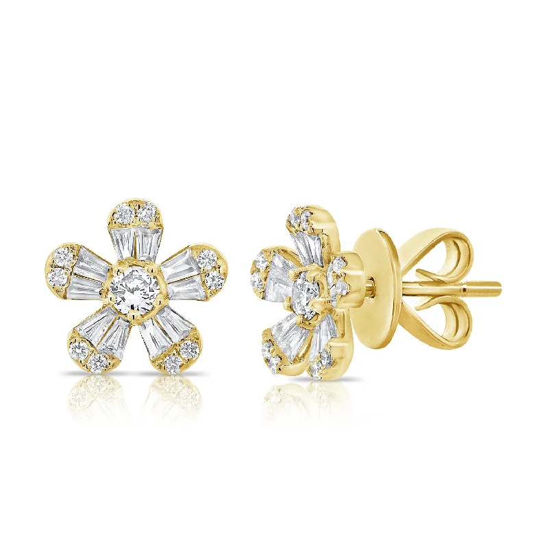 women's earrings with delicate engraving -14K Yellow Gold Diamond Flower Earrings