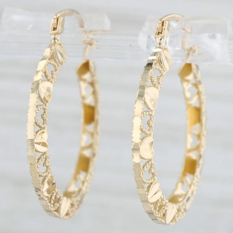 women's earrings with geometric pendant -Heart Pattern Hoop Earrings 14k Yellow Gold Snap Top Round Hoops