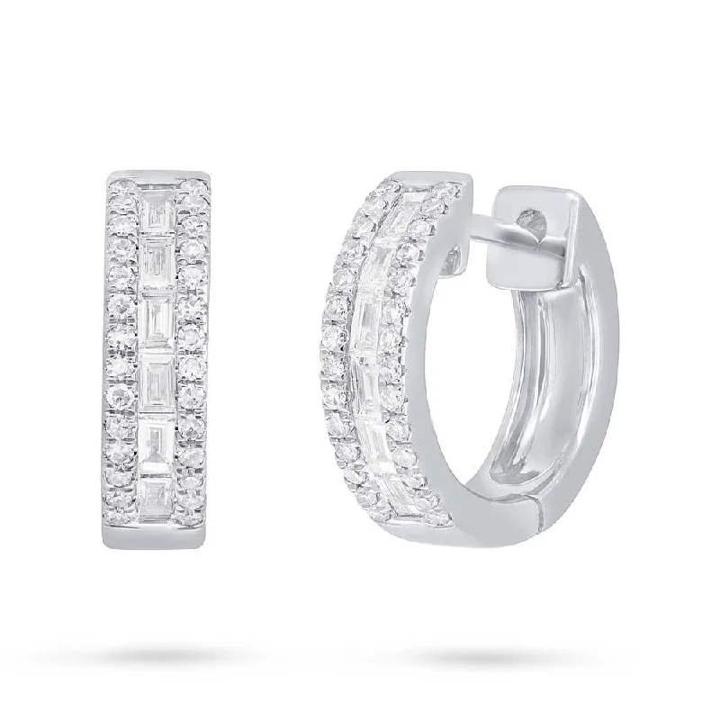 women's earrings with engraved details -14K White Gold Baguette Diamond Huggie Earrings