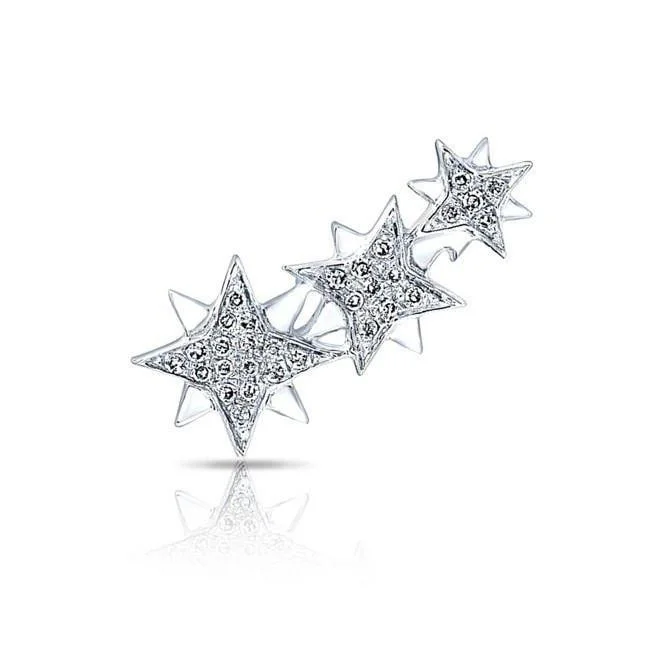 women's earrings with huggie design -14K White Gold Triple Star Ear Climber