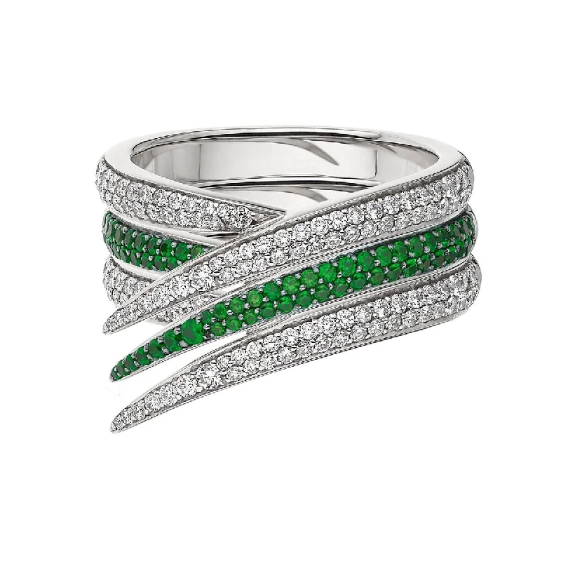 women's engagement rings with unique diamond cuts -Interlocking Stacked Ring - 18ct White Gold & White Diamond and Tsavorite