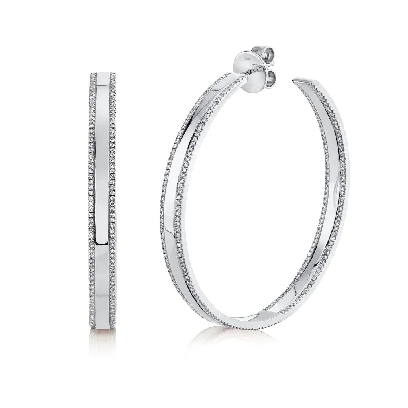 women's earrings with vintage design -14K White Gold Diamond High Polished Hoop Earring