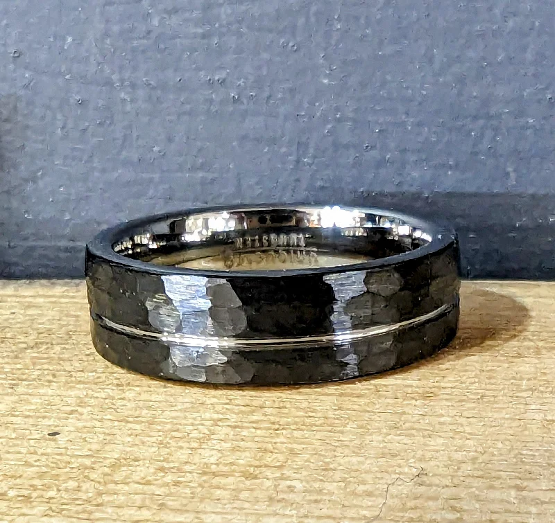 women's rings with modern style -Unique & Co 7mm Hammered Black Tungsten Ring